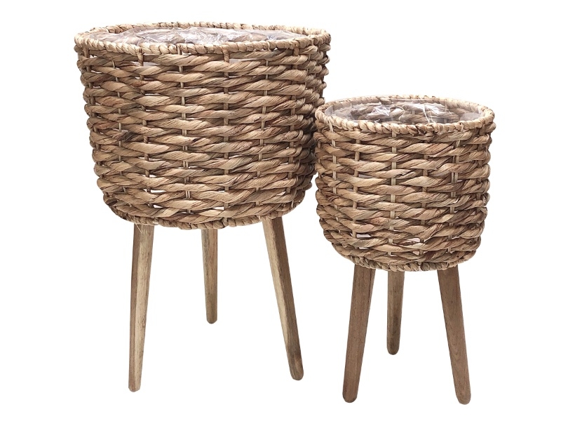 Superior Water Hyacinth Planters with Wooden Legs - Eco-friendly Woven Baskets